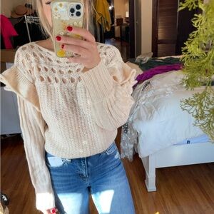 Cream Knit Sweater Lace Detail Ruffle Sleeves Romantic Top M